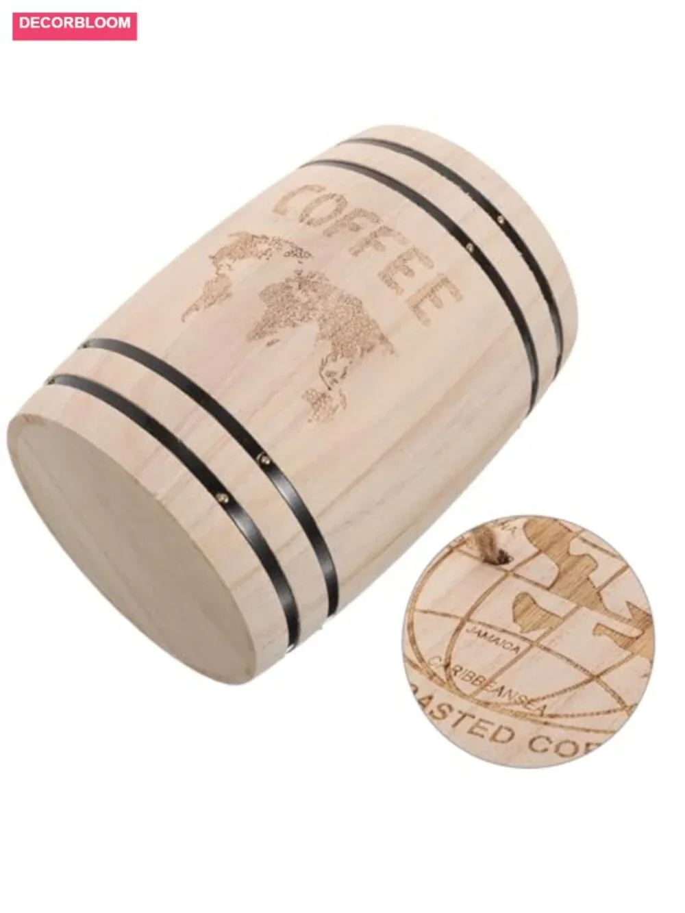 Wooden Barrel Canister Airtight Lid Coffee Tea Sugar Storage Rustic Farmhouse